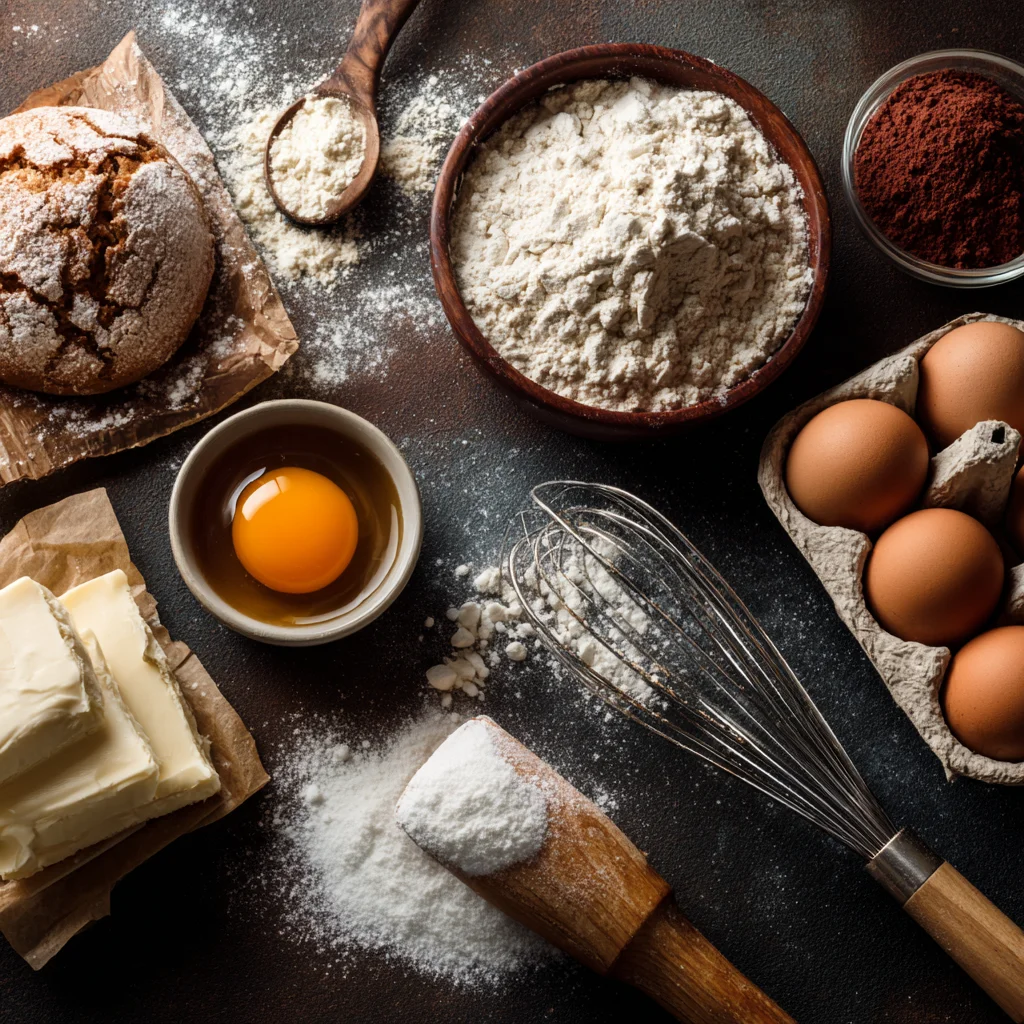 A person kneading dough on a floured surface with fresh ingredients around